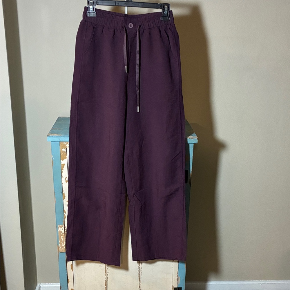 NIP!!!Deep Purple Linen Blend Wide Leg Drawstring Pants. Size Small - Picture 4 of 9